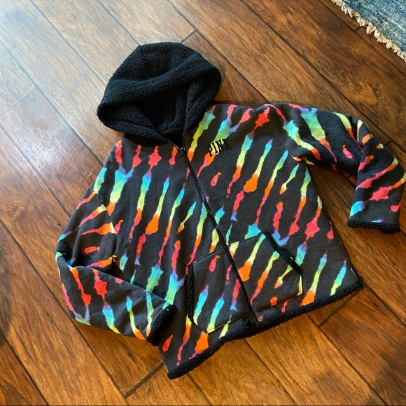 Like New VS Rainbow Black Reversible Sherpa Hoodie M - Picture 4 of 5